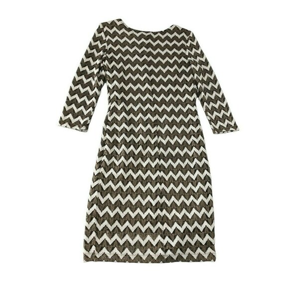 New Ronni Nicole Sheath Dress Womens L Chevron Gold White Shimmer 3/4 Sleeves Fi - Picture 13 of 14